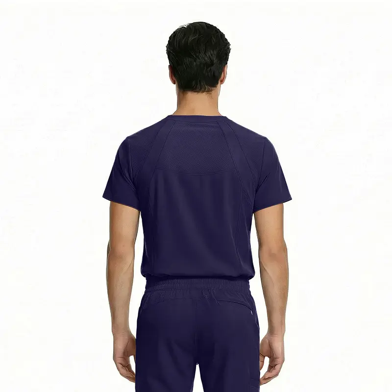 Wholesale men's navy blue short-sleeve t-shirt with matching jogger pants, back view