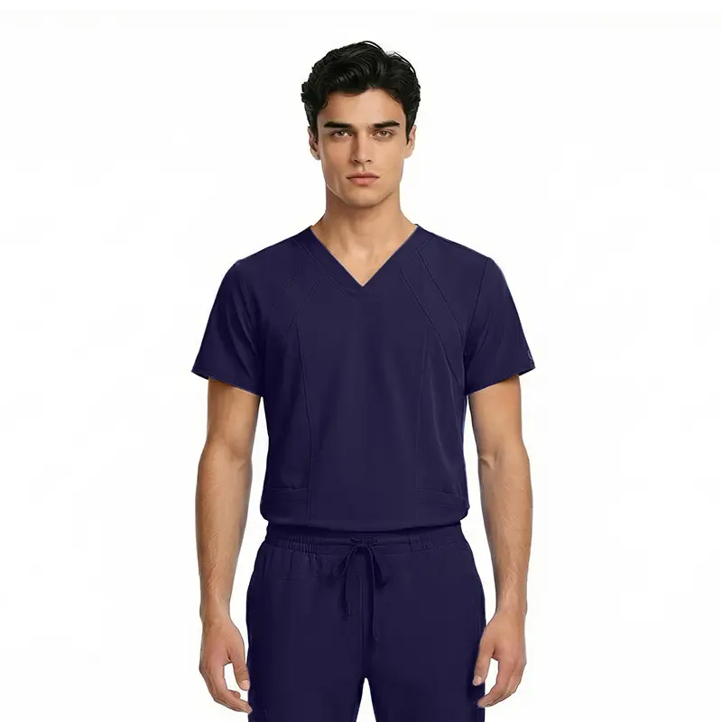 Wholesale men's navy blue v-neck scrub top with short sleeves and matching drawstring pants