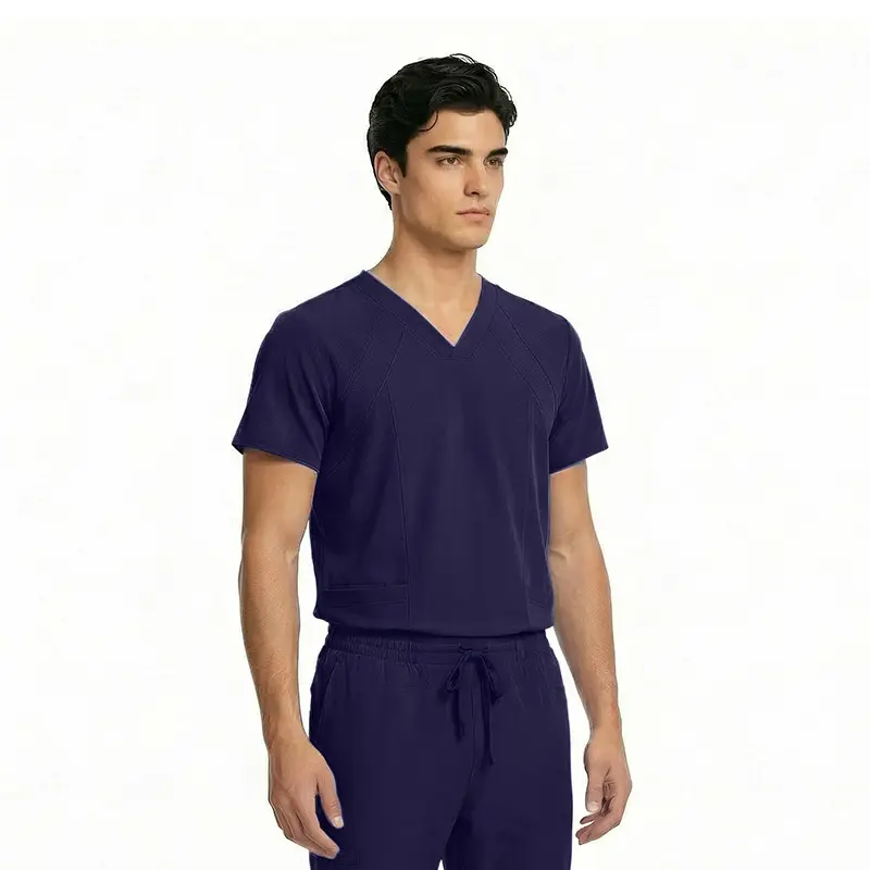 Wholesale men's navy v-neck scrub top with short sleeves and matching drawstring pants