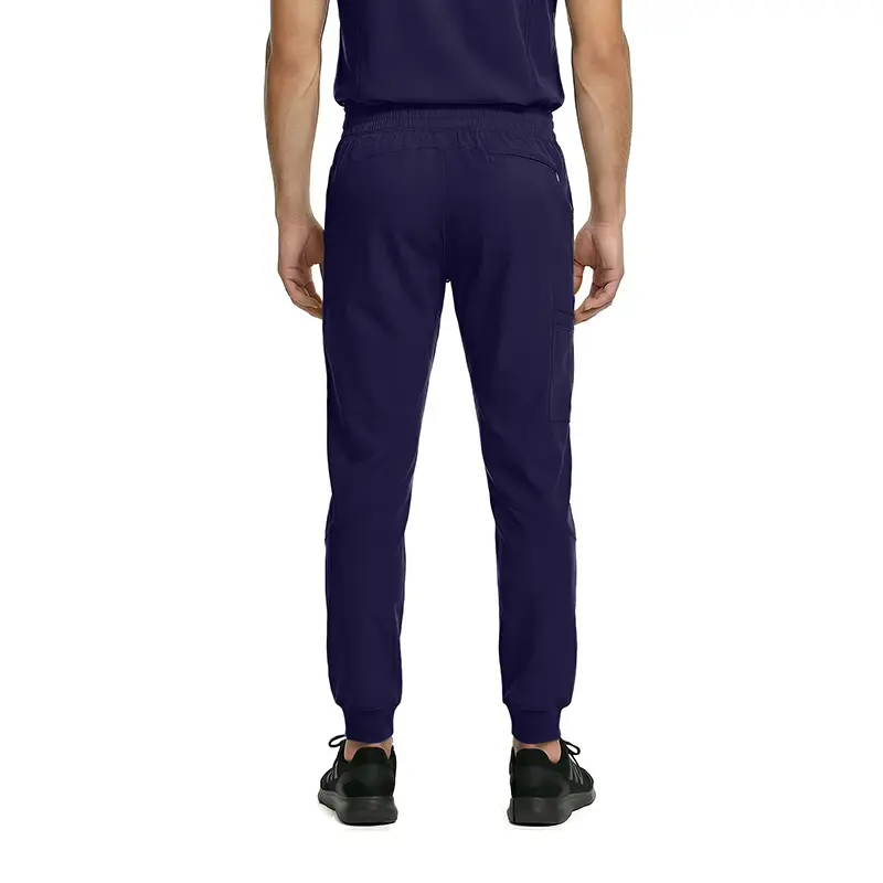 Wholesale men's navy joggers with elastic waistband and cuffed ankles, back view
