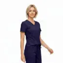 Wholesale women's navy v-neck scrub top with short sleeves and side pocket
