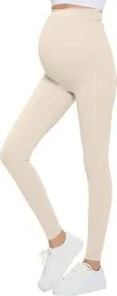 Wholesale women's beige high-waisted leggings with ankle cuffs paired with white sneakers