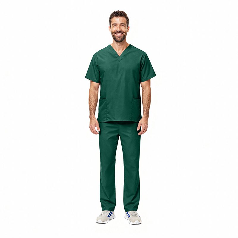Wholesale men's forest green scrub set with v-neck top and straight-leg pants