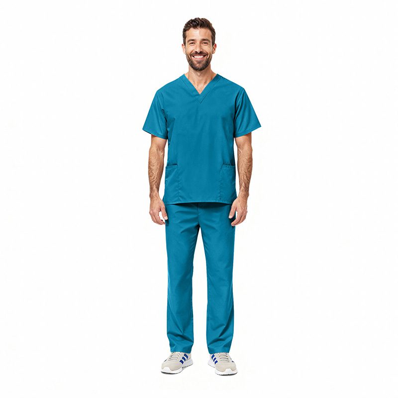 Wholesale men's teal scrubs set with short-sleeve v-neck top and straight-leg pants