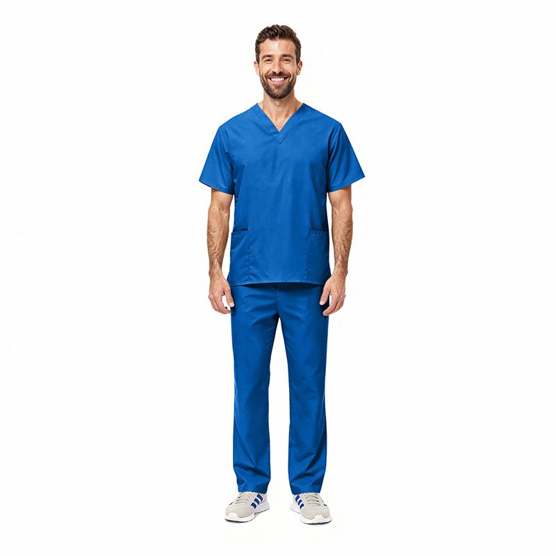 Wholesale men's blue scrubs set with short-sleeve top and straight-leg pants