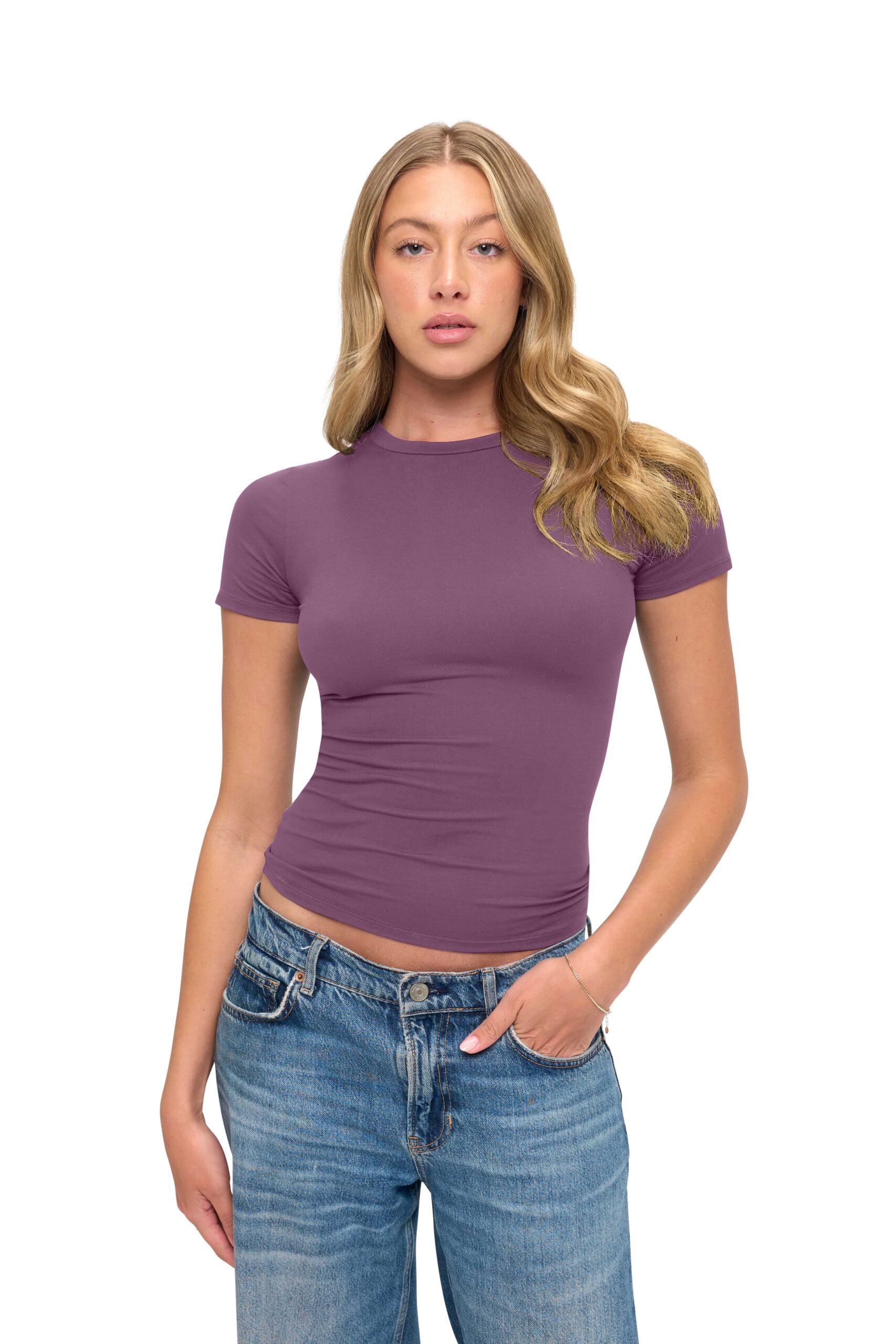 Wholesale women's purple short-sleeve crew neck fitted t-shirt paired with blue denim jeans