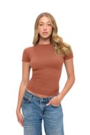 Wholesale women's rust short-sleeve crew neck fitted t-shirt paired with blue denim jeans
