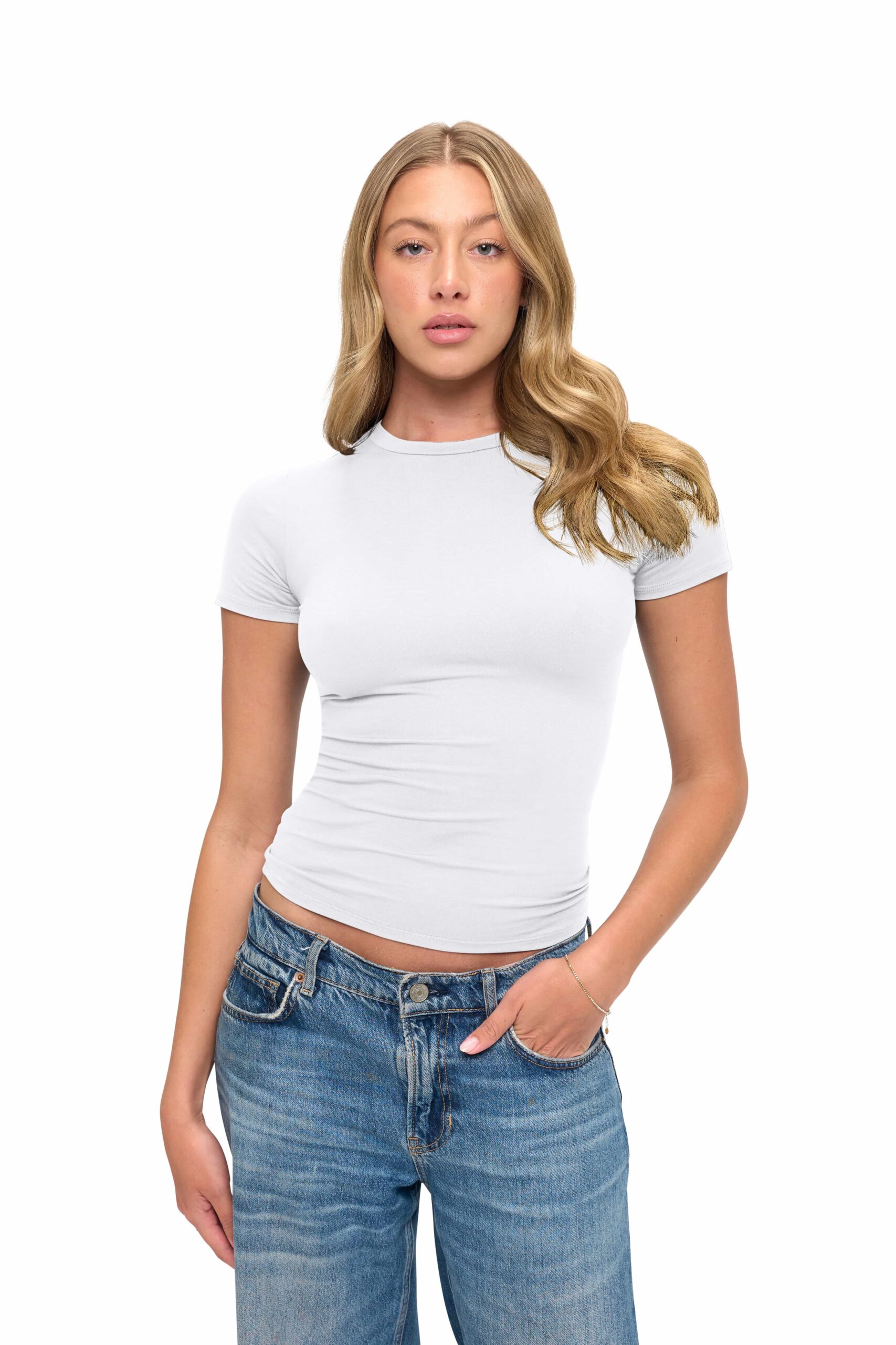 Wholesale women's white short-sleeve fitted crew neck t-shirt paired with blue denim jeans